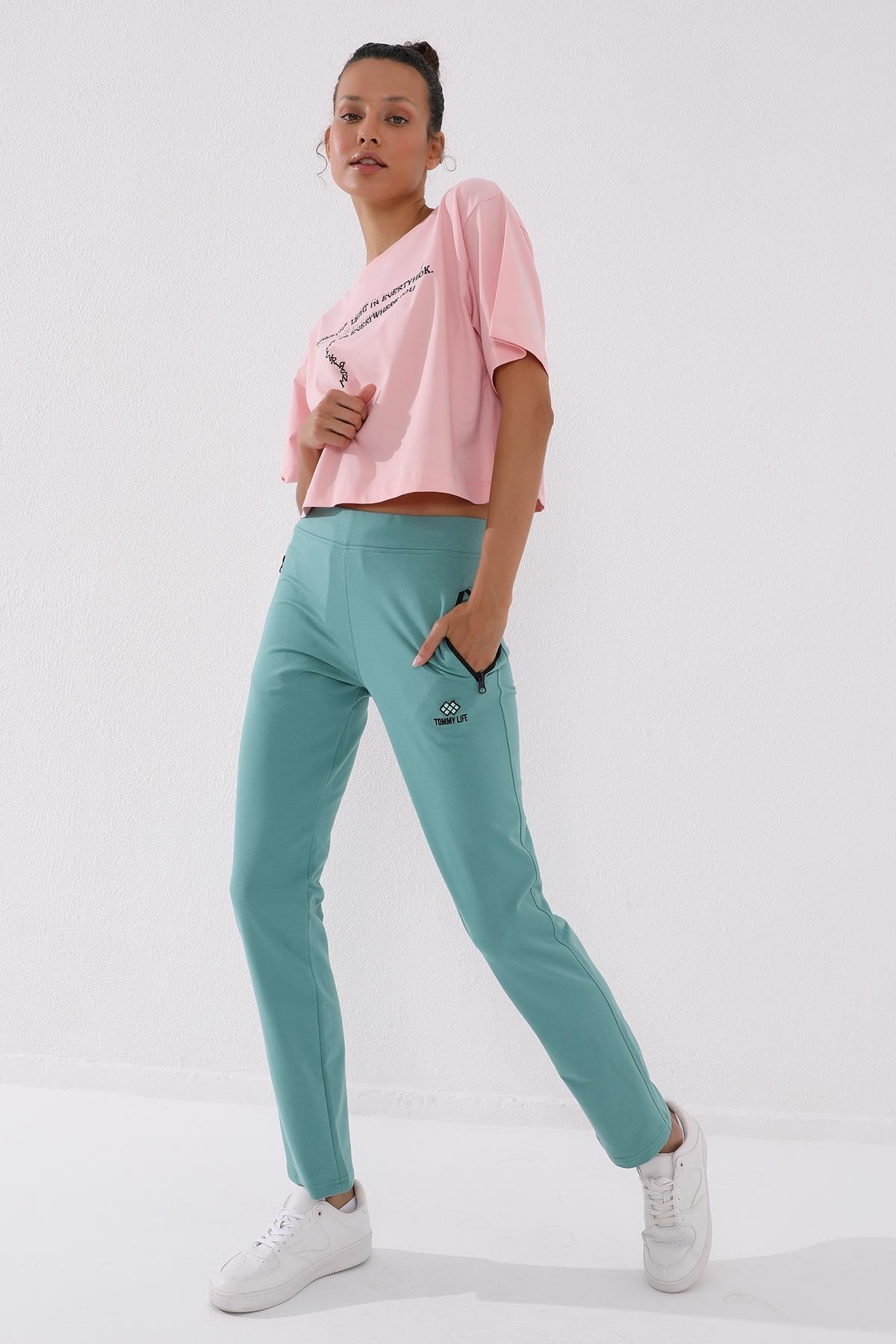Mint Green Zippered Pocket Comfort Fit Classic Hem Women's Tracksuit Bottom - 94195