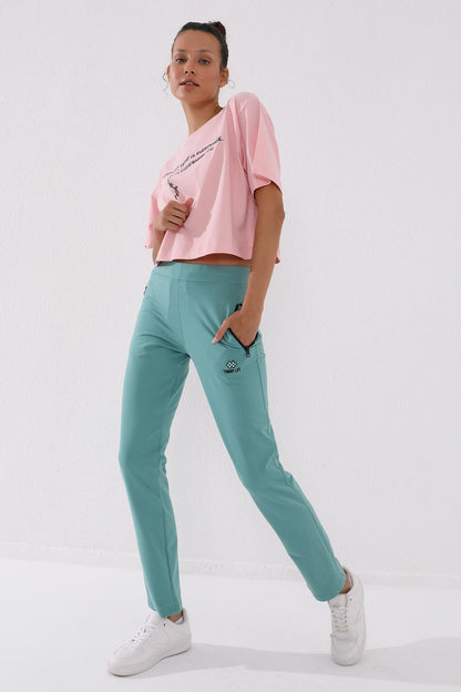 Mint Green Zippered Pocket Comfort Fit Classic Hem Women's Tracksuit Bottom - 94195