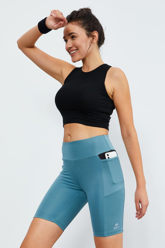 Mint Green Mesh Pocket High Waist Wrap-Up Women's Biker Tights - 91010