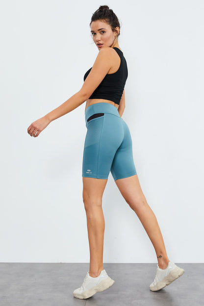 Mint Green Mesh Pocket High Waist Wrap-Up Women's Biker Tights - 91010
