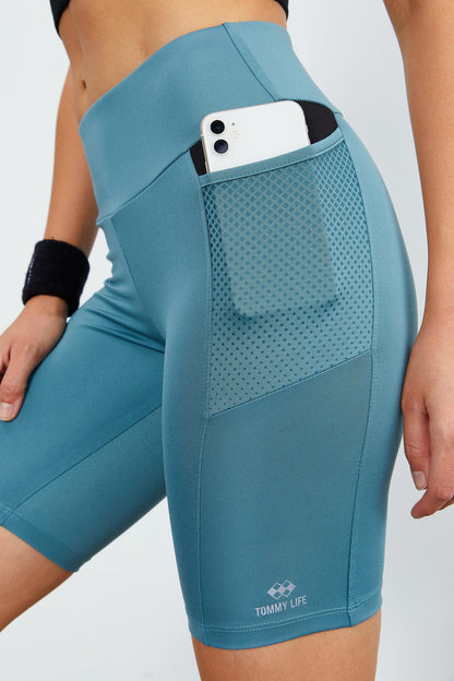 Mint Green Mesh Pocket High Waist Wrap-Up Women's Biker Tights - 91010