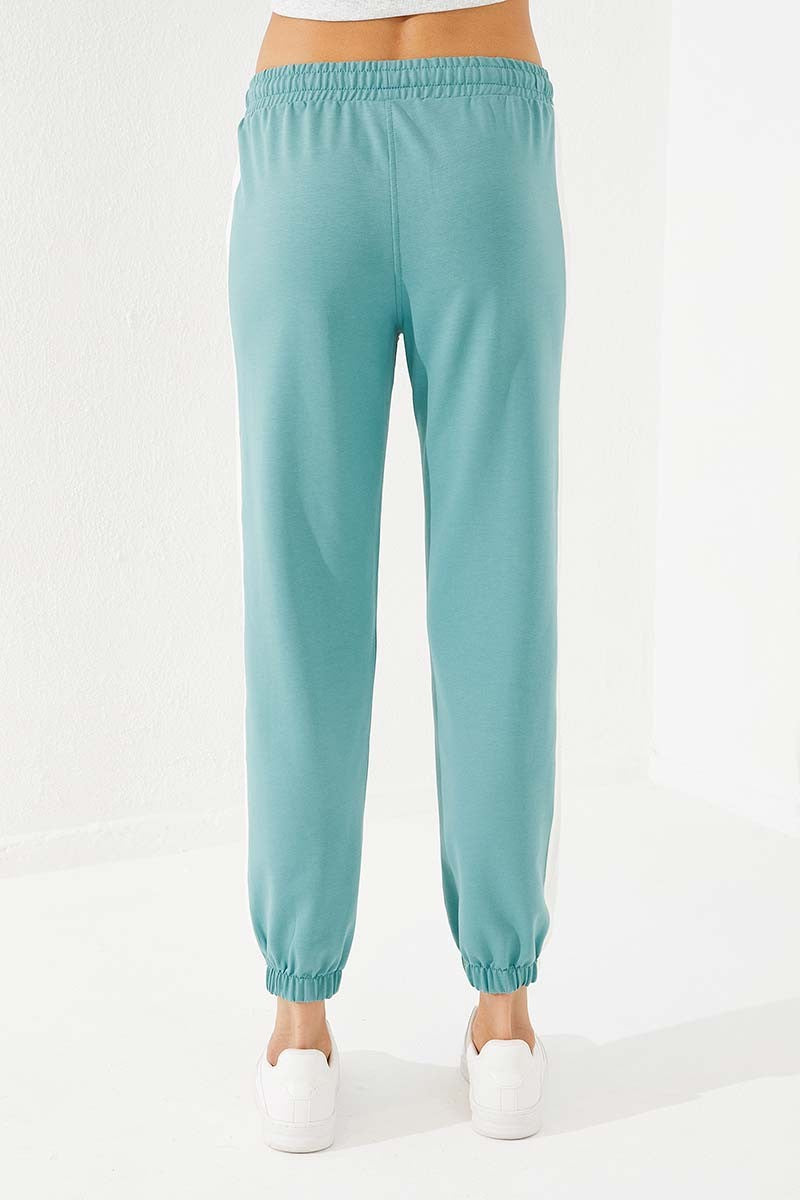 Mint Green Two-Tone Striped Comfort Fit Elastic Cuff Women's Tracksuit Bottom - 94582