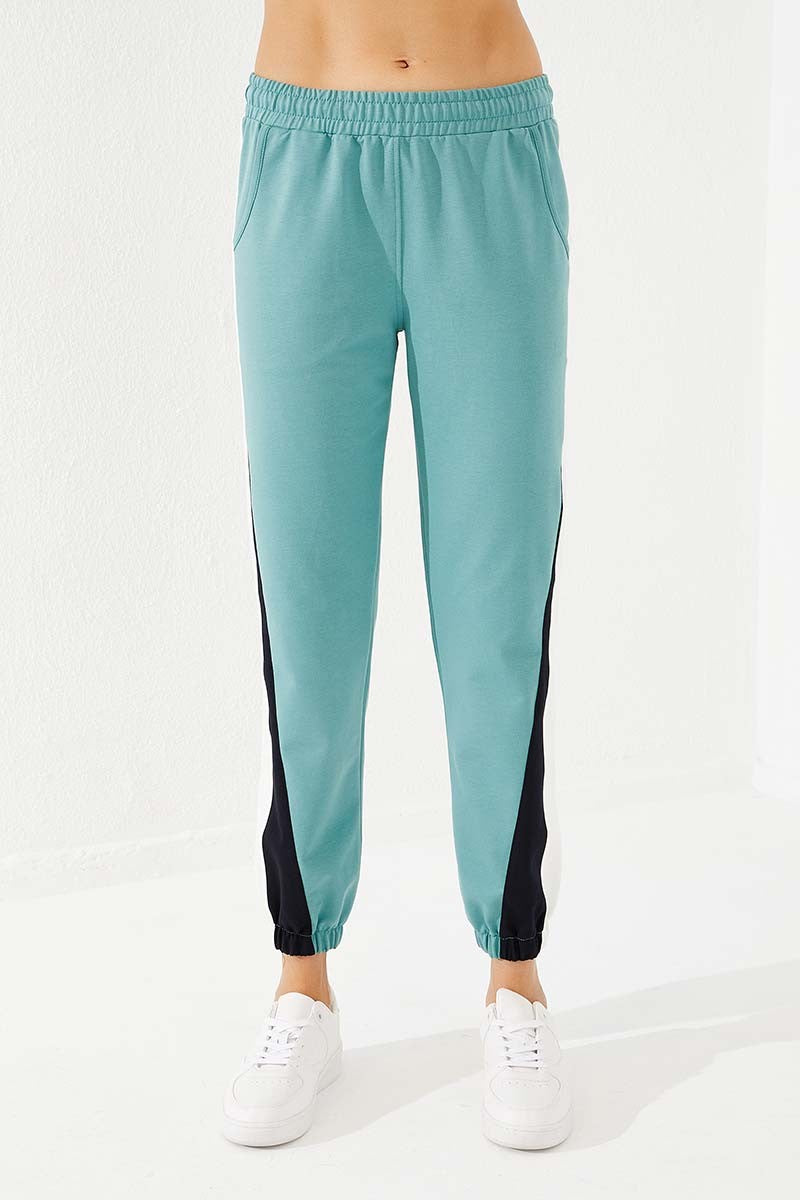 Mint Green Two-Tone Striped Comfort Fit Elastic Cuff Women's Tracksuit Bottom - 94582