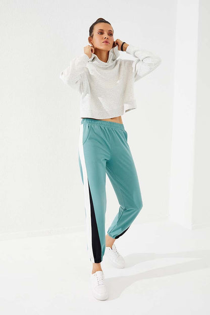 Mint Green Two-Tone Striped Comfort Fit Elastic Cuff Women's Tracksuit Bottom - 94582