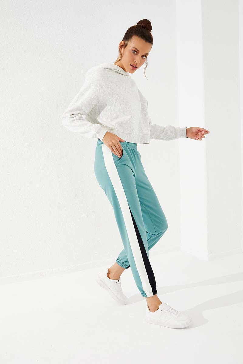 Mint Green Two-Tone Striped Comfort Fit Elastic Cuff Women's Tracksuit Bottom - 94582