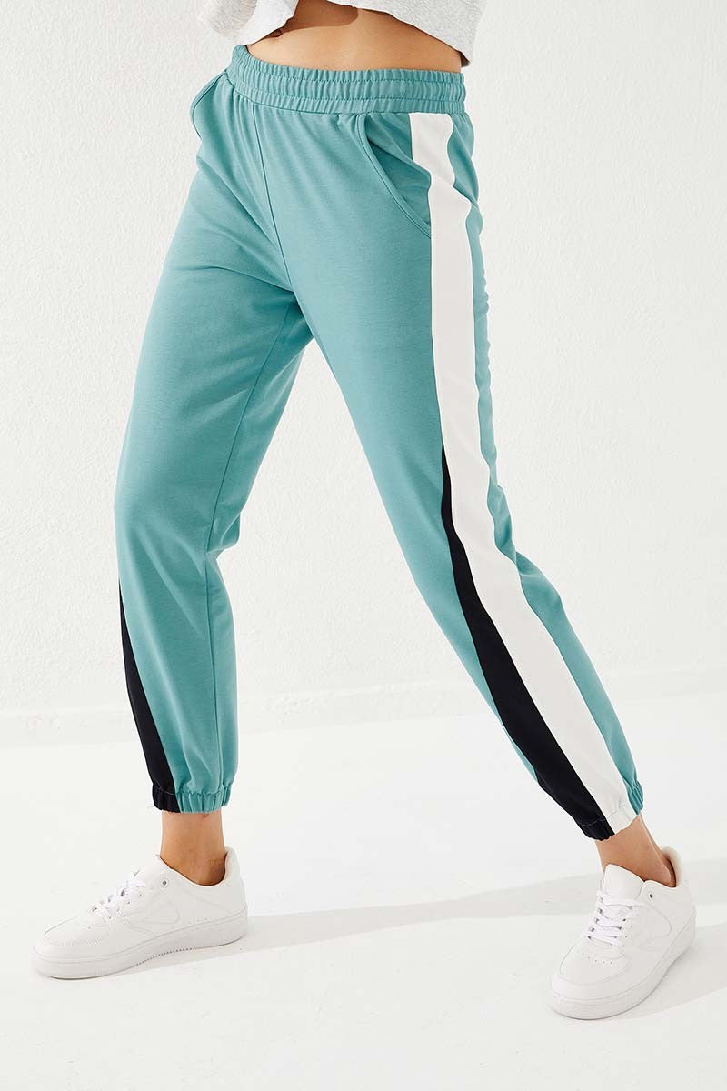 Mint Green Two-Tone Striped Comfort Fit Elastic Cuff Women's Tracksuit Bottom - 94582