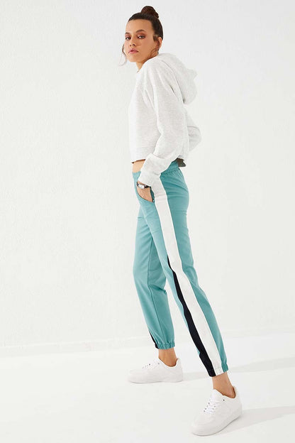 Mint Green Two-Tone Striped Comfort Fit Elastic Cuff Women's Tracksuit Bottom - 94582
