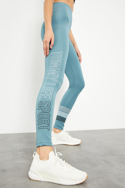 Mint Green High Waist Printed Slim Fit Skinny Leg Women's Tights - 94544