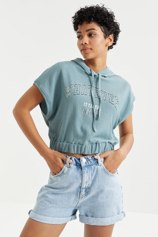 Mint Green Hooded Print Text Elastic Waist Crinkle Fabric Women's Crop Top T-Shirt - 97230