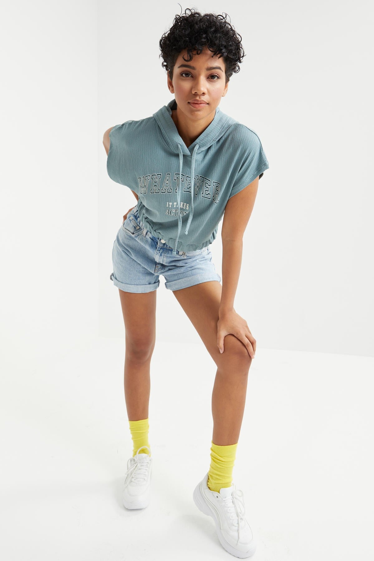 Mint Green Hooded Print Text Elastic Waist Crinkle Fabric Women's Crop Top T-Shirt - 97230