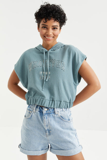 Mint Green Hooded Print Text Elastic Waist Crinkle Fabric Women's Crop Top T-Shirt - 97230