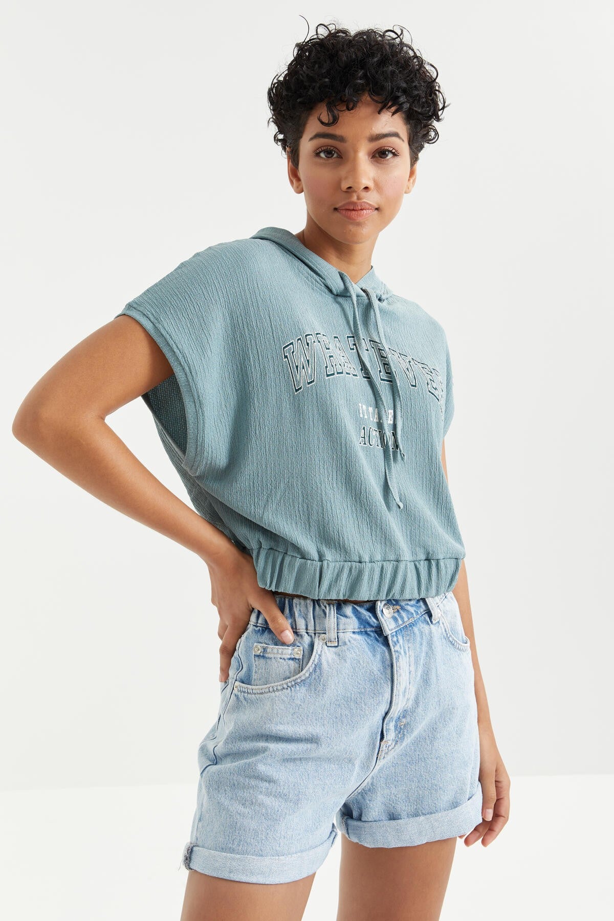 Mint Green Hooded Print Text Elastic Waist Crinkle Fabric Women's Crop Top T-Shirt - 97230