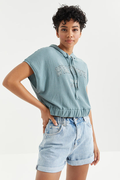 Mint Green Hooded Print Text Elastic Waist Crinkle Fabric Women's Crop Top T-Shirt - 97230