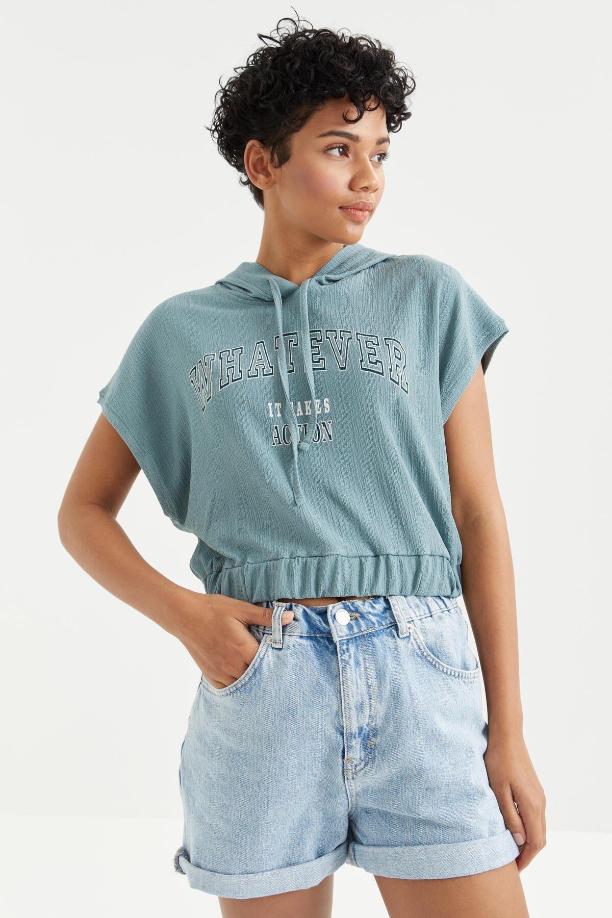 Mint Green Hooded Print Text Elastic Waist Crinkle Fabric Women's Crop Top T-Shirt - 97230