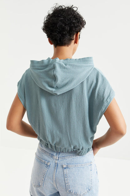 Mint Green Hooded Print Text Elastic Waist Crinkle Fabric Women's Crop Top T-Shirt - 97230