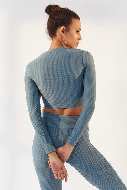 Mint Green Self-Patterned O Collar Long Sleeve Women's Crop Top T-Shirt - 97153