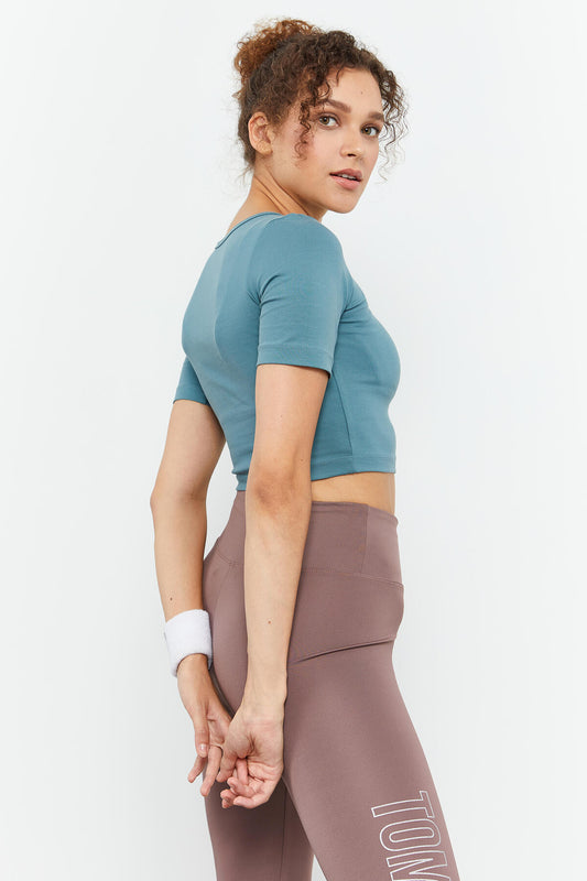 Mint Green Short Sleeve Slim Fit O Neck Women's Crop Top T-Shirt - 97149