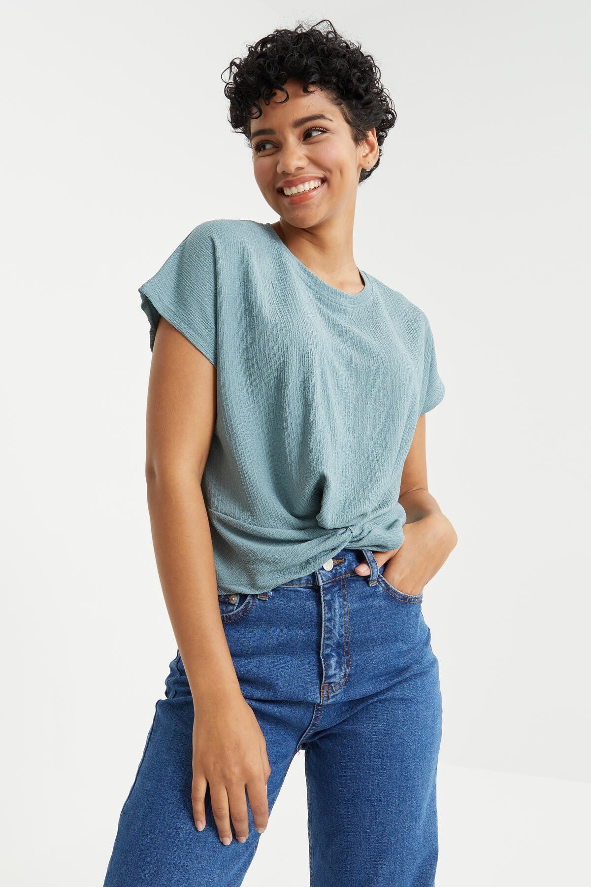 Mint Green O Neck Front Gather Detailed Crinkle Fabric Women's Crop Top T-Shirt - 97228