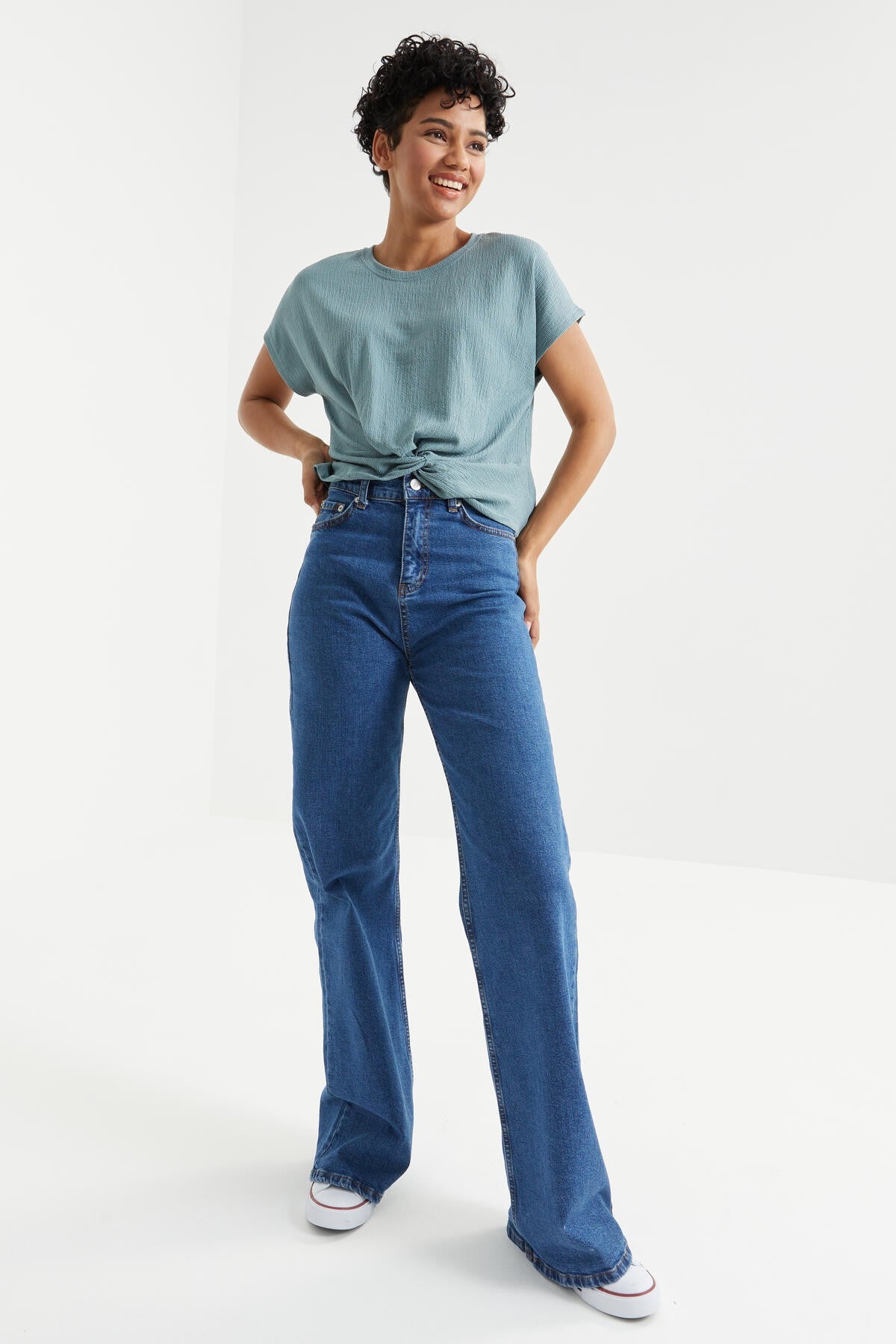 Mint Green O Neck Front Gather Detailed Crinkle Fabric Women's Crop Top T-Shirt - 97228