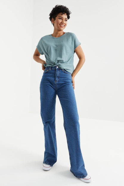 Mint Green O Neck Front Gather Detailed Crinkle Fabric Women's Crop Top T-Shirt - 97228