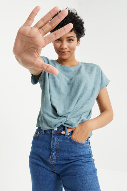 Mint Green O Neck Front Gather Detailed Crinkle Fabric Women's Crop Top T-Shirt - 97228