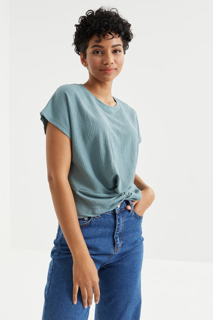 Mint Green O Neck Front Gather Detailed Crinkle Fabric Women's Crop Top T-Shirt - 97228