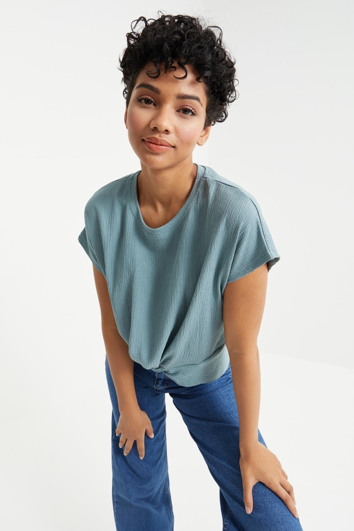 Mint Green O Neck Front Gather Detailed Crinkle Fabric Women's Crop Top T-Shirt - 97228