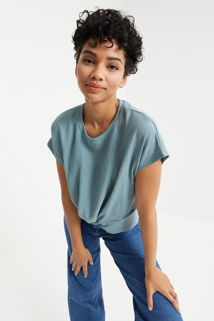 Mint Green O Neck Front Gather Detailed Crinkle Fabric Women's Crop Top T-Shirt - 97228