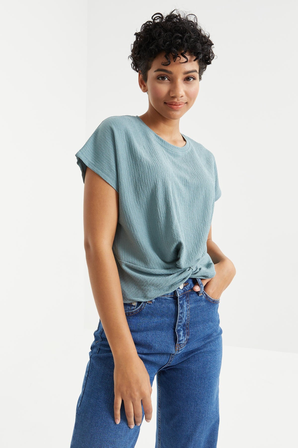 Mint Green O Neck Front Gather Detailed Crinkle Fabric Women's Crop Top T-Shirt - 97228