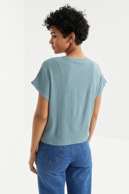 Mint Green O Neck Front Gather Detailed Crinkle Fabric Women's Crop Top T-Shirt - 97228