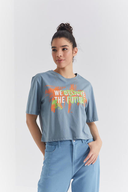 Mint Green Color Printed O Collar Women's Oversize T-Shirt - 97212