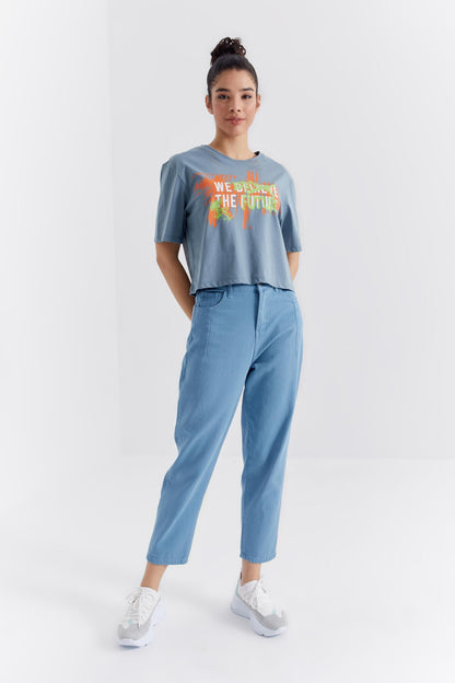 Mint Green Color Printed O Collar Women's Oversize T-Shirt - 97212