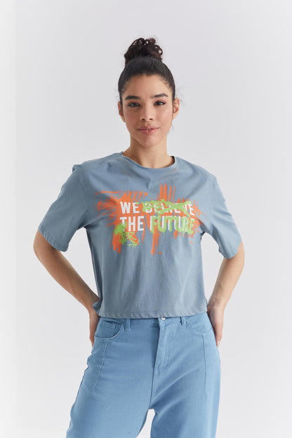 Mint Green Color Printed O Collar Women's Oversize T-Shirt - 97212