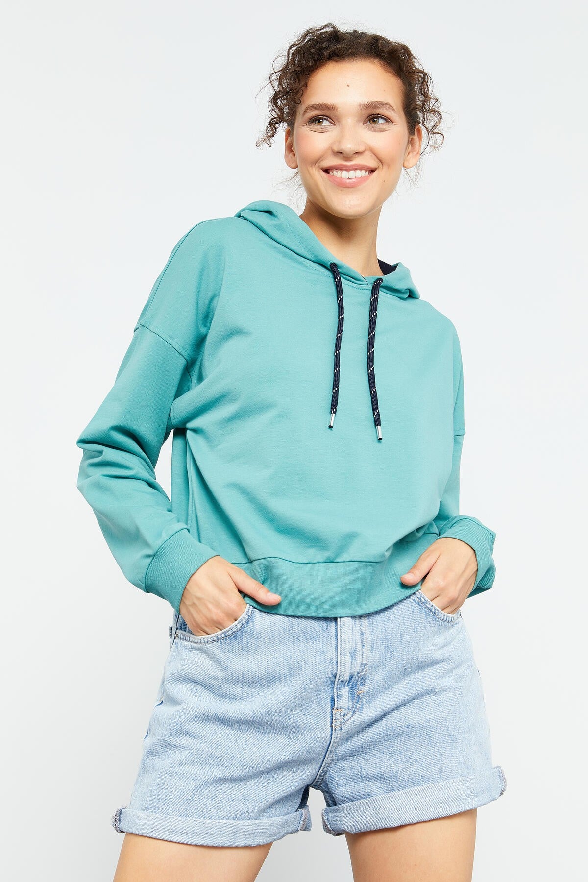 Mint Green Long Sleeve Comfort Fit Hooded Women's Sweatshirt - 97115