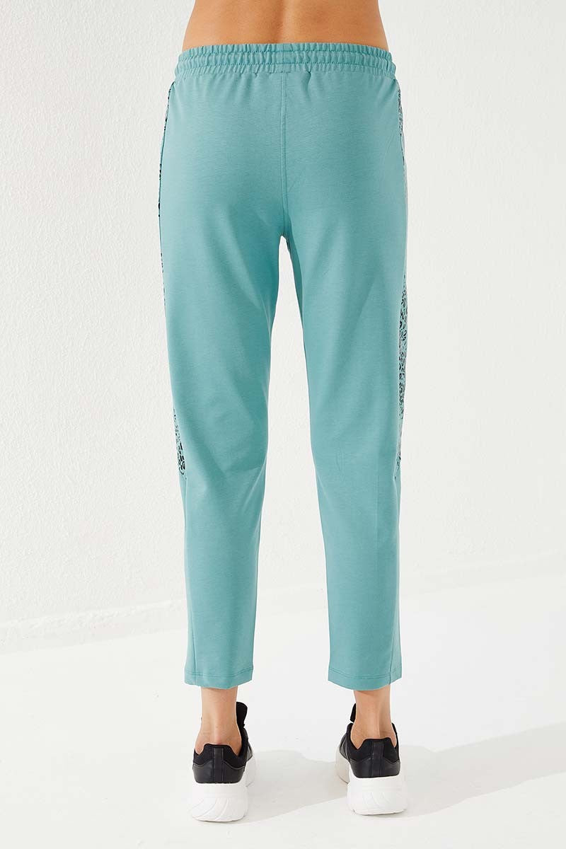Mint Green Sides Leopard Print Comfortable Fit Slim Leg Women's Tracksuit Bottom - 94572