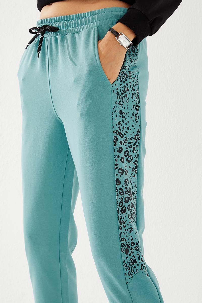 Mint Green Sides Leopard Print Comfortable Fit Slim Leg Women's Tracksuit Bottom - 94572