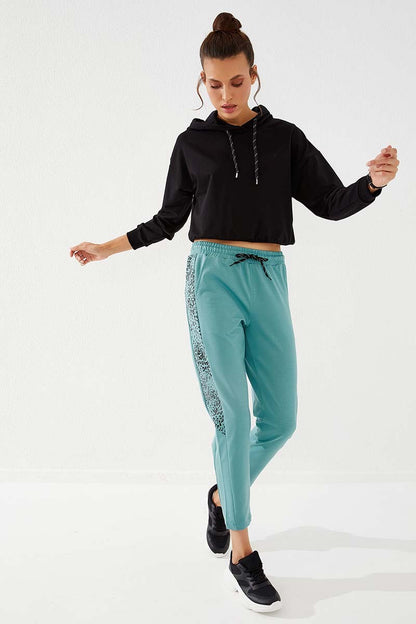 Mint Green Sides Leopard Print Comfortable Fit Slim Leg Women's Tracksuit Bottom - 94572