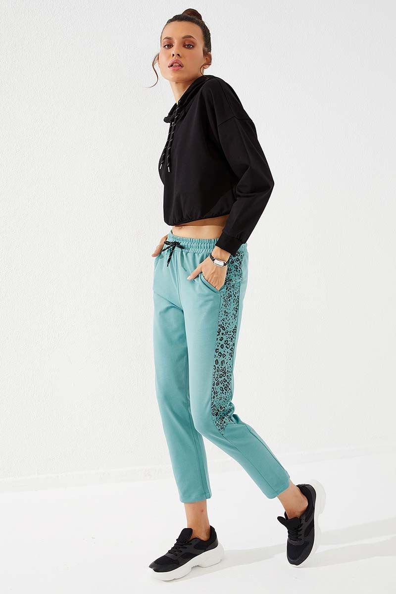 Mint Green Sides Leopard Print Comfortable Fit Slim Leg Women's Tracksuit Bottom - 94572