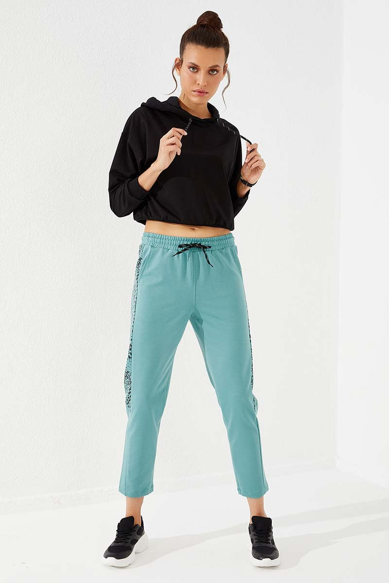 Mint Green Sides Leopard Print Comfortable Fit Slim Leg Women's Tracksuit Bottom - 94572