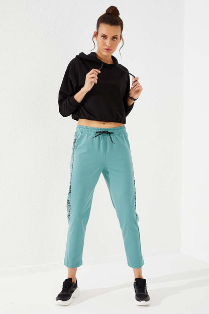 Mint Green Sides Leopard Print Comfortable Fit Slim Leg Women's Tracksuit Bottom - 94572