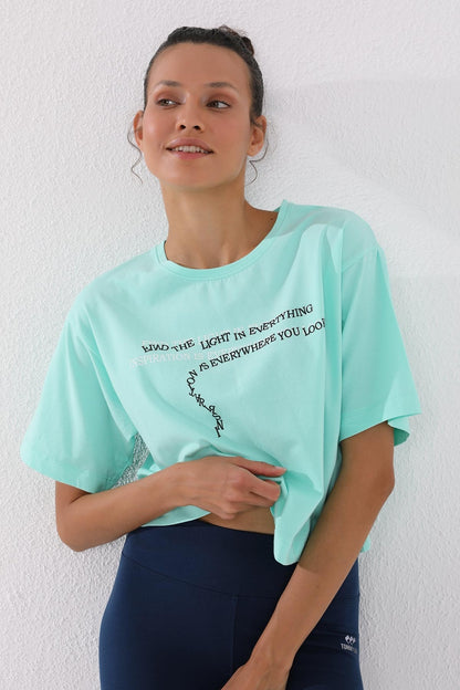 Mint Green Printed Short O Collar Women's Oversize T-Shirt - 97135