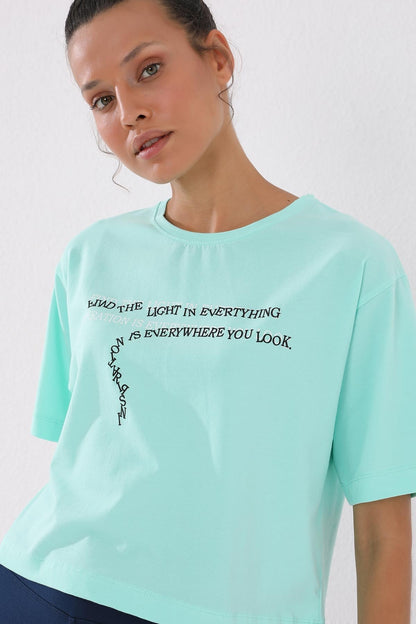 Mint Green Printed Short O Collar Women's Oversize T-Shirt - 97135