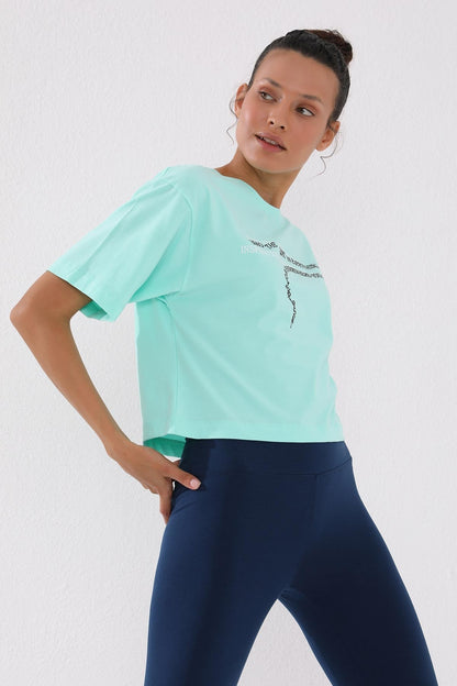 Mint Green Printed Short O Collar Women's Oversize T-Shirt - 97135