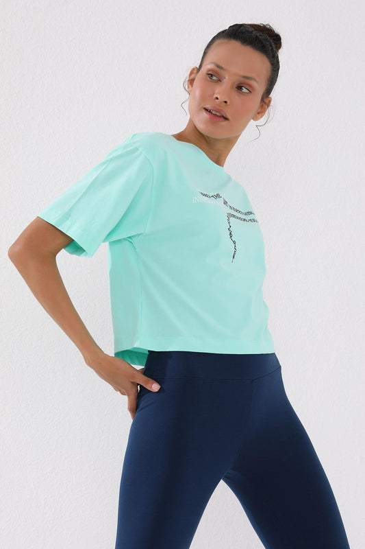Mint Green Printed Short O Collar Women's Oversize T-Shirt - 97135