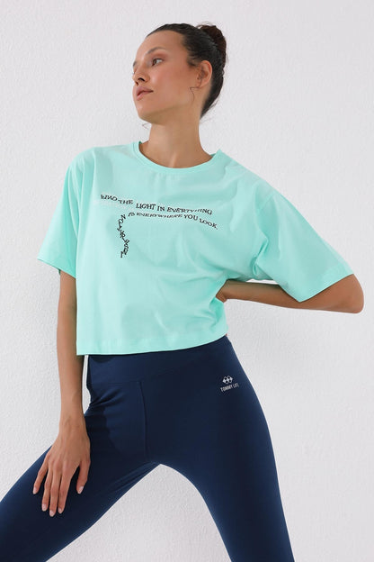 Mint Green Printed Short O Collar Women's Oversize T-Shirt - 97135