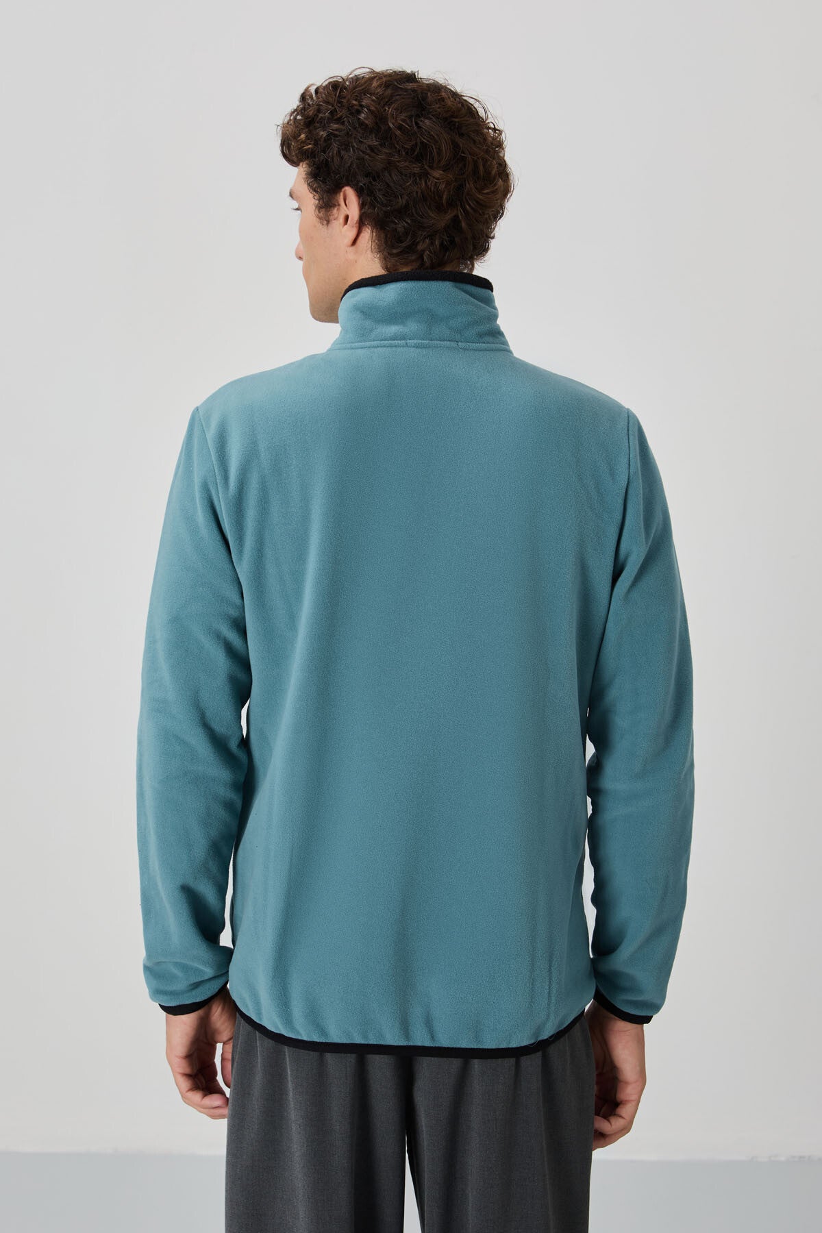 Mint Green Embroidered Lettering Straight Collar Zippered Standard Fit Men's Sweatshirt Fleece - 87992