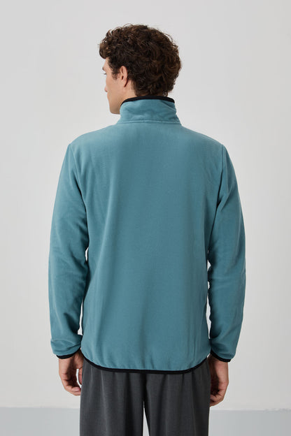 Mint Green Embroidered Lettering Straight Collar Zippered Standard Fit Men's Sweatshirt Fleece - 87992