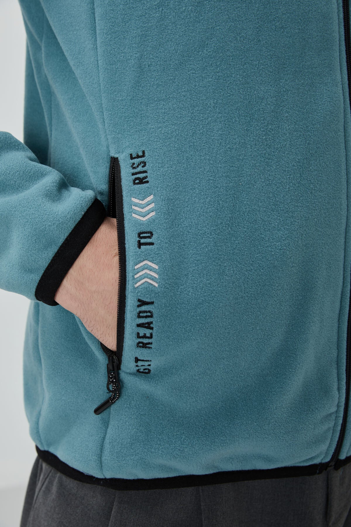 Mint Green Embroidered Lettering Straight Collar Zippered Standard Fit Men's Sweatshirt Fleece - 87992