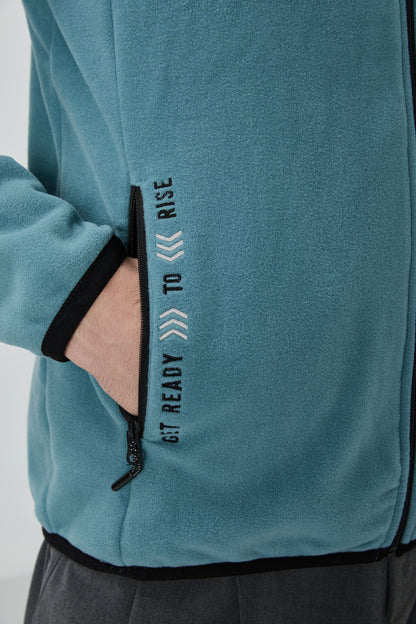 Mint Green Embroidered Lettering Straight Collar Zippered Standard Fit Men's Sweatshirt Fleece - 87992