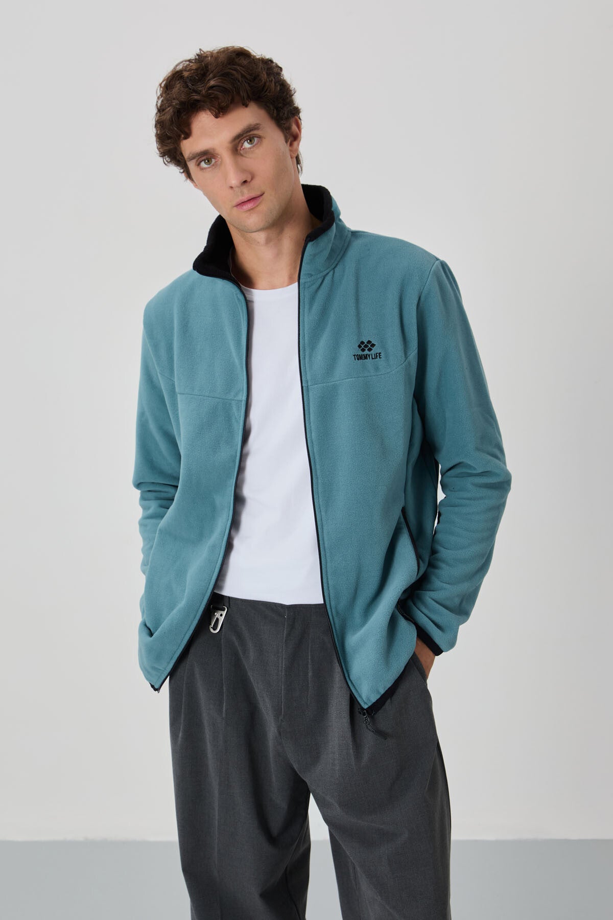 Mint Green Embroidered Lettering Straight Collar Zippered Standard Fit Men's Sweatshirt Fleece - 87992